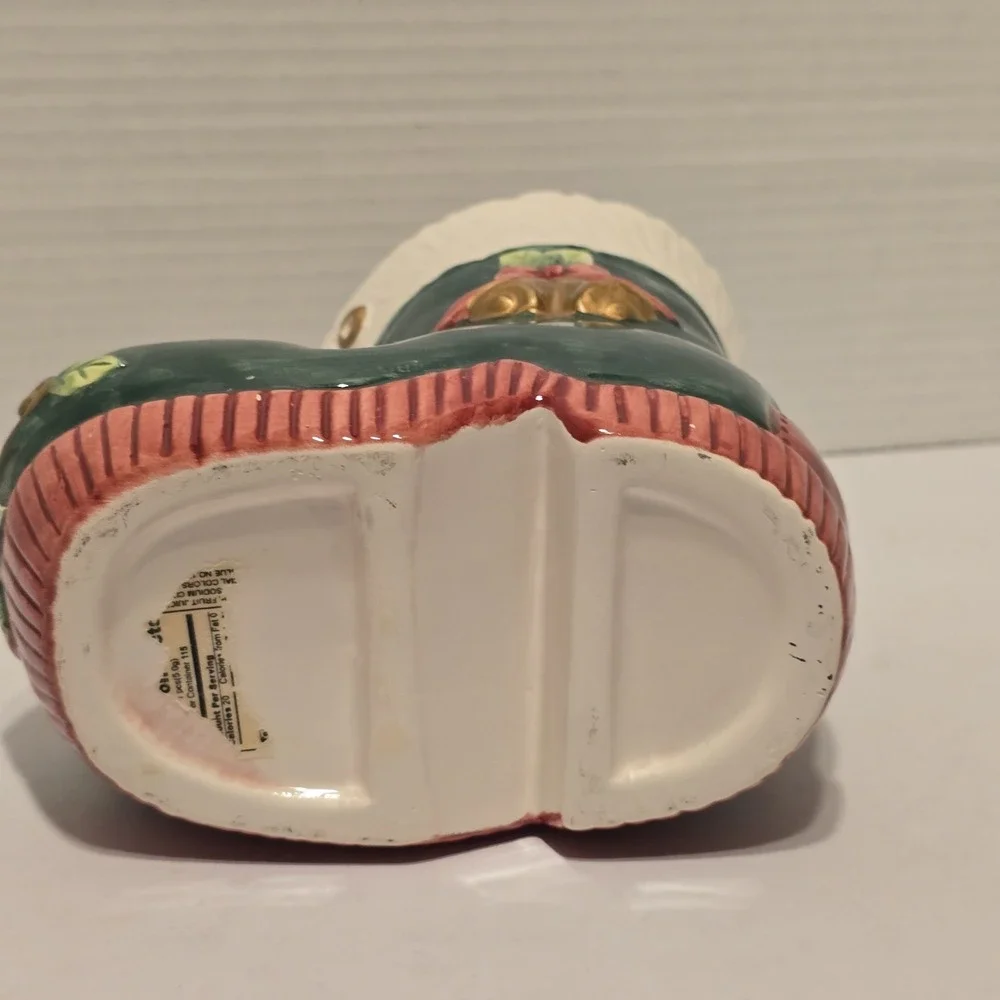 Vintage Christmas Santa Boot Ceramic Planter Candy Dish Green Red Checkered Bell